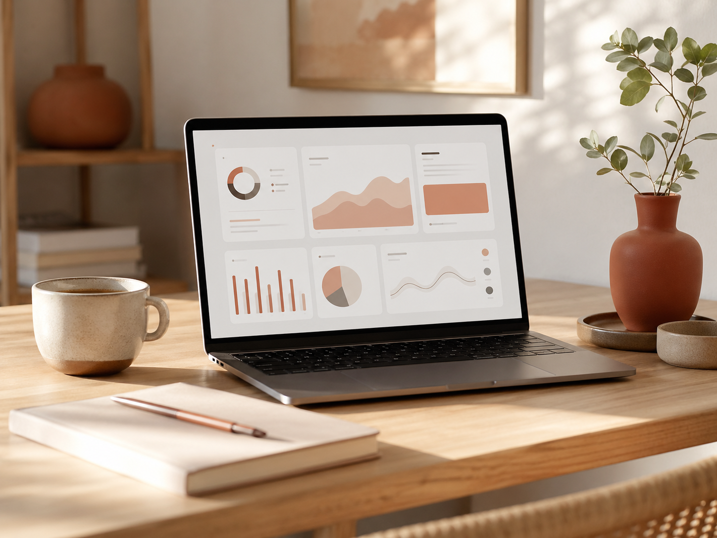 Computador portátil a mostrar dashboards de um sistema Manka, num ambiente sereno